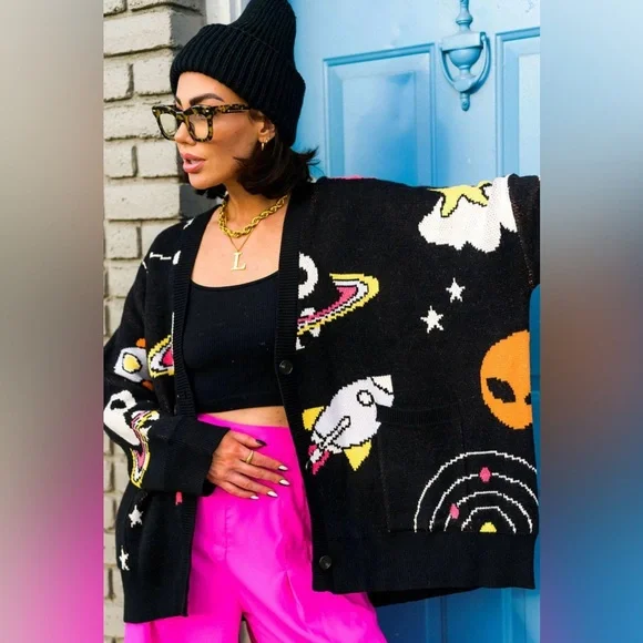 Dressed in LALA Black and Pink Cosmic Cardigan - Picture 3 of 8